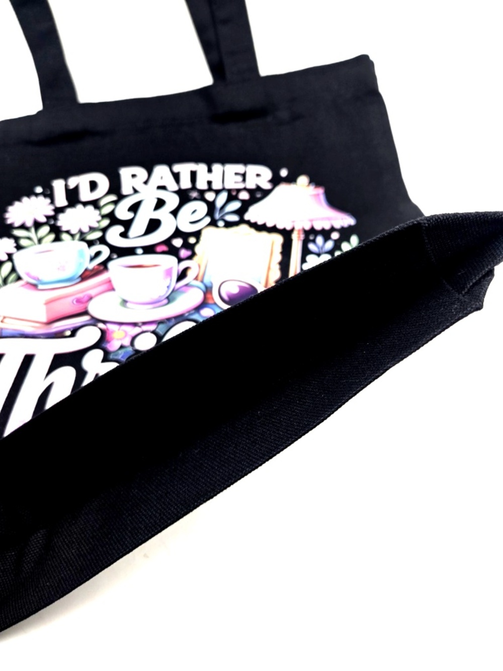 Tote Bag Graphic Canvas Id Rather Be Thrifting Black Carry Handle 13.5x13.5in - Picture 4 of 6